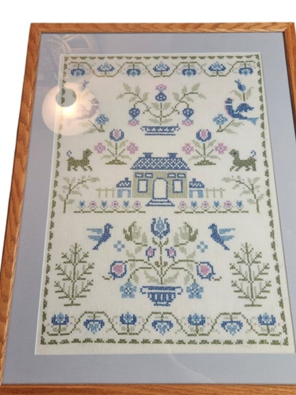 Vintage Framed Cross Stitch Sampler Folk Art House Heartland Inspired Oak 21x27